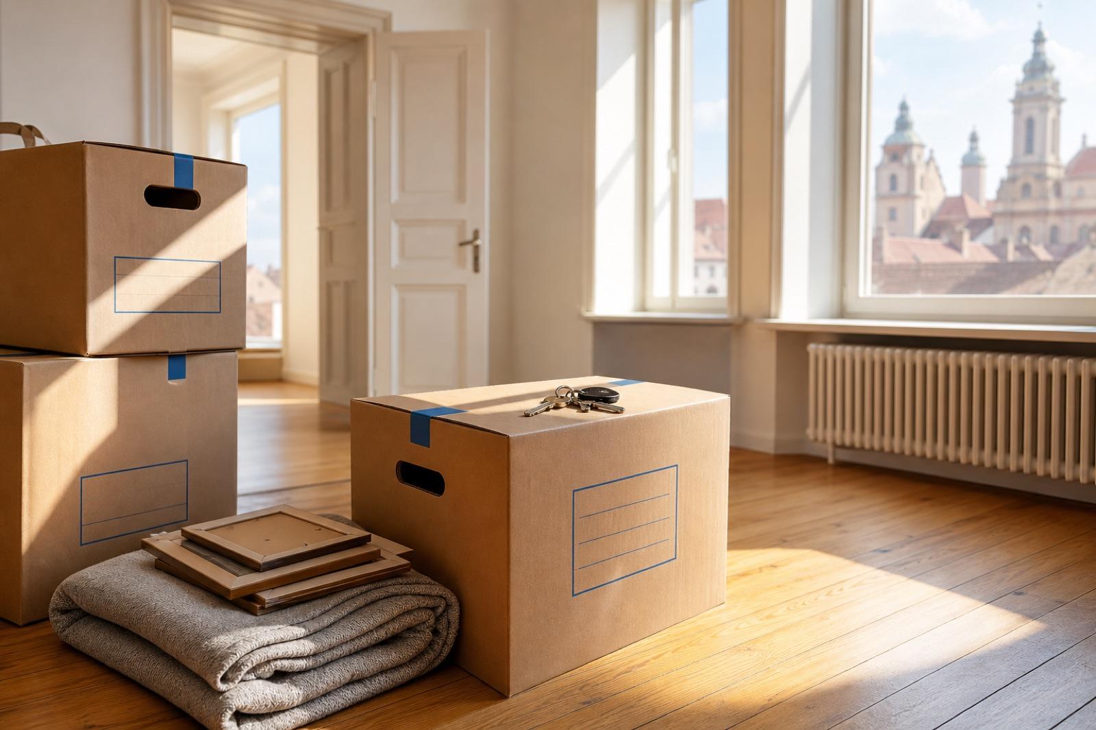 Wohnungsauflösung nach Todesfall in Ludwigsburg – pietätvoll geräumte Altbauwohnung mit beschrifteten Umzugskartons und Wohnungsschlüssel