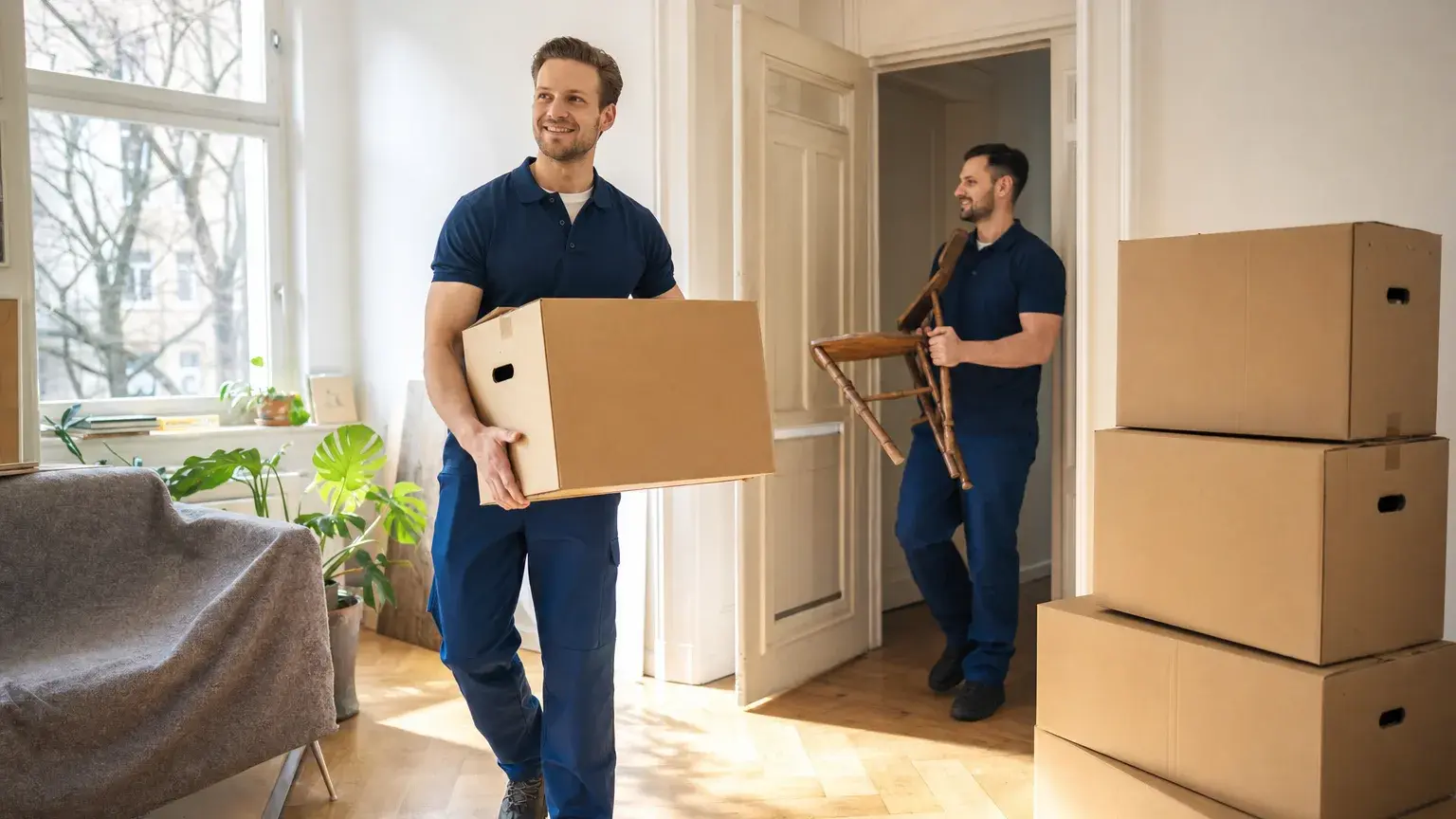 Wohnung entrümpeln Kosten – Entrümpelungsteam trägt Umzugskartons und Möbel aus einer hellen, teilgeräumten Altbauwohnung