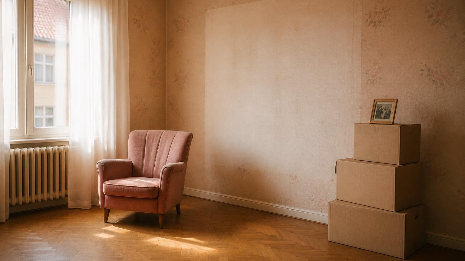 Wohnungsauflösung bei Pflegeheim-Einzug: leergeräumtes Wohnzimmer einer Seniorenwohnung mit verpackten Erinnerungsstücken